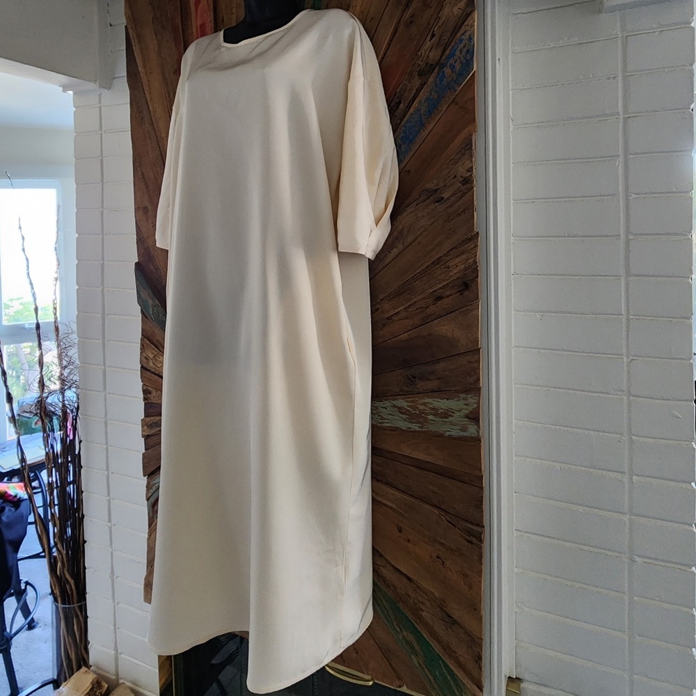 COS relaxed/oversized cream silky viscose Dress Sz M pockets slit midi - Picture 2 of 13